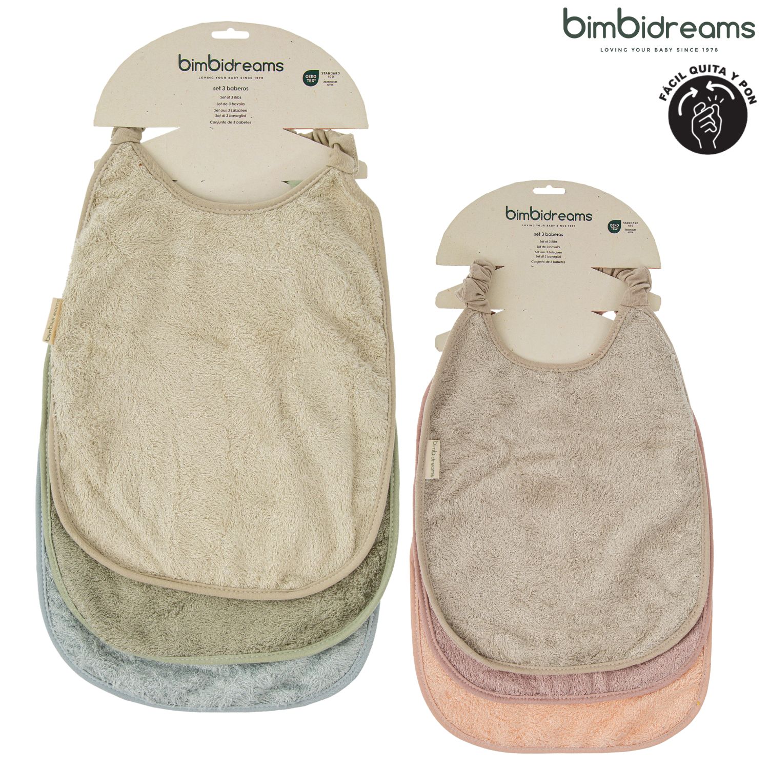 Pack 3 baberos impermeables (27,5×34) rizo 50% algodón + 50% bambú de Bimbidreams